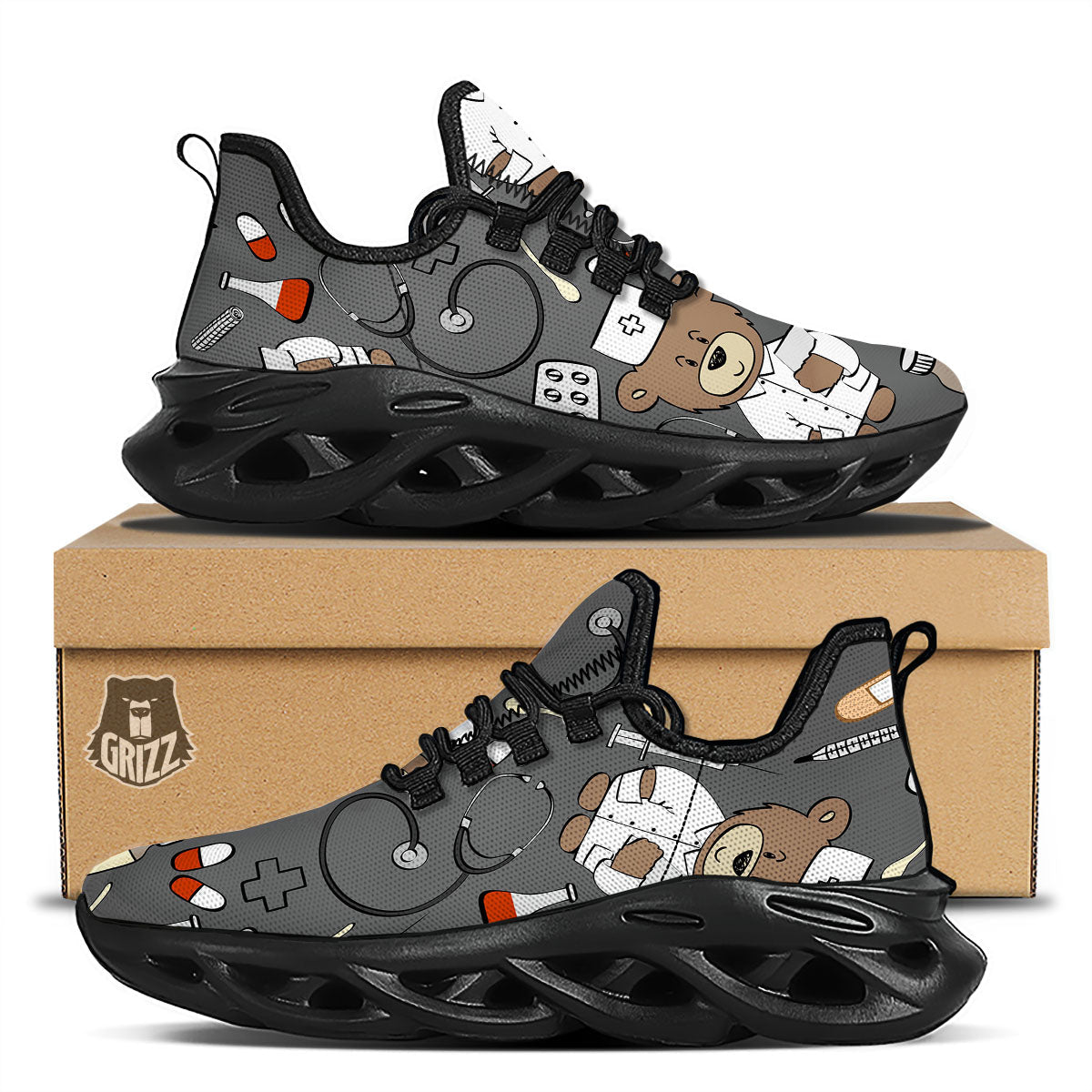 Grey Teddy Bear Nurse Black Running Shoes-grizzshop