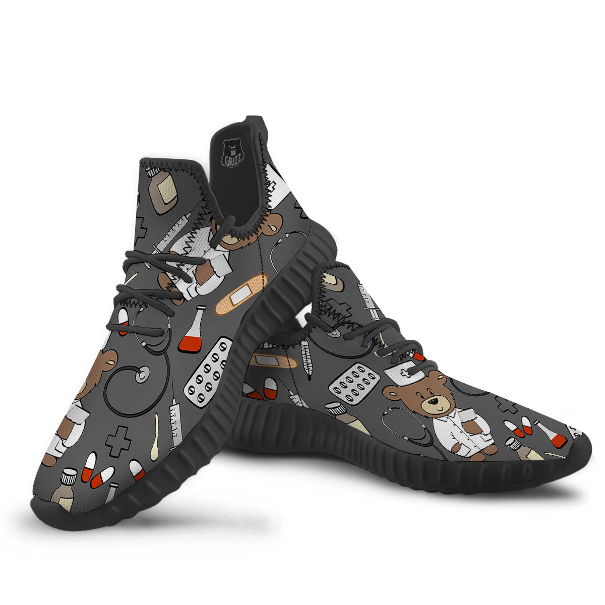 Grey Teddy Bear Nurse Black Walking Shoes-grizzshop