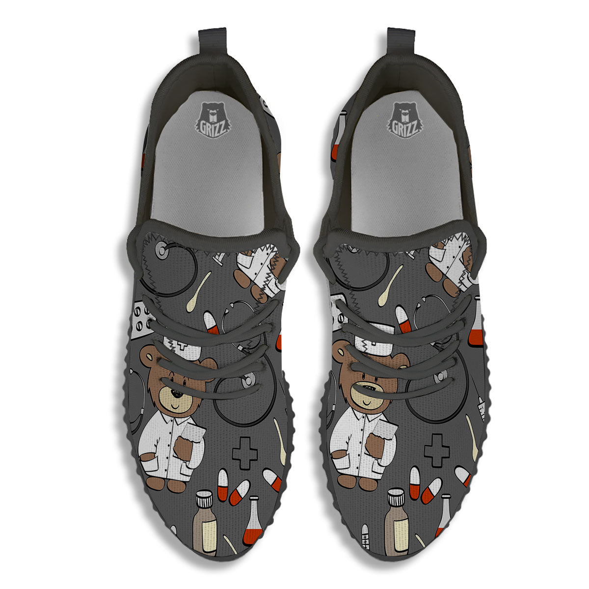 Grey Teddy Bear Nurse Black Walking Shoes-grizzshop