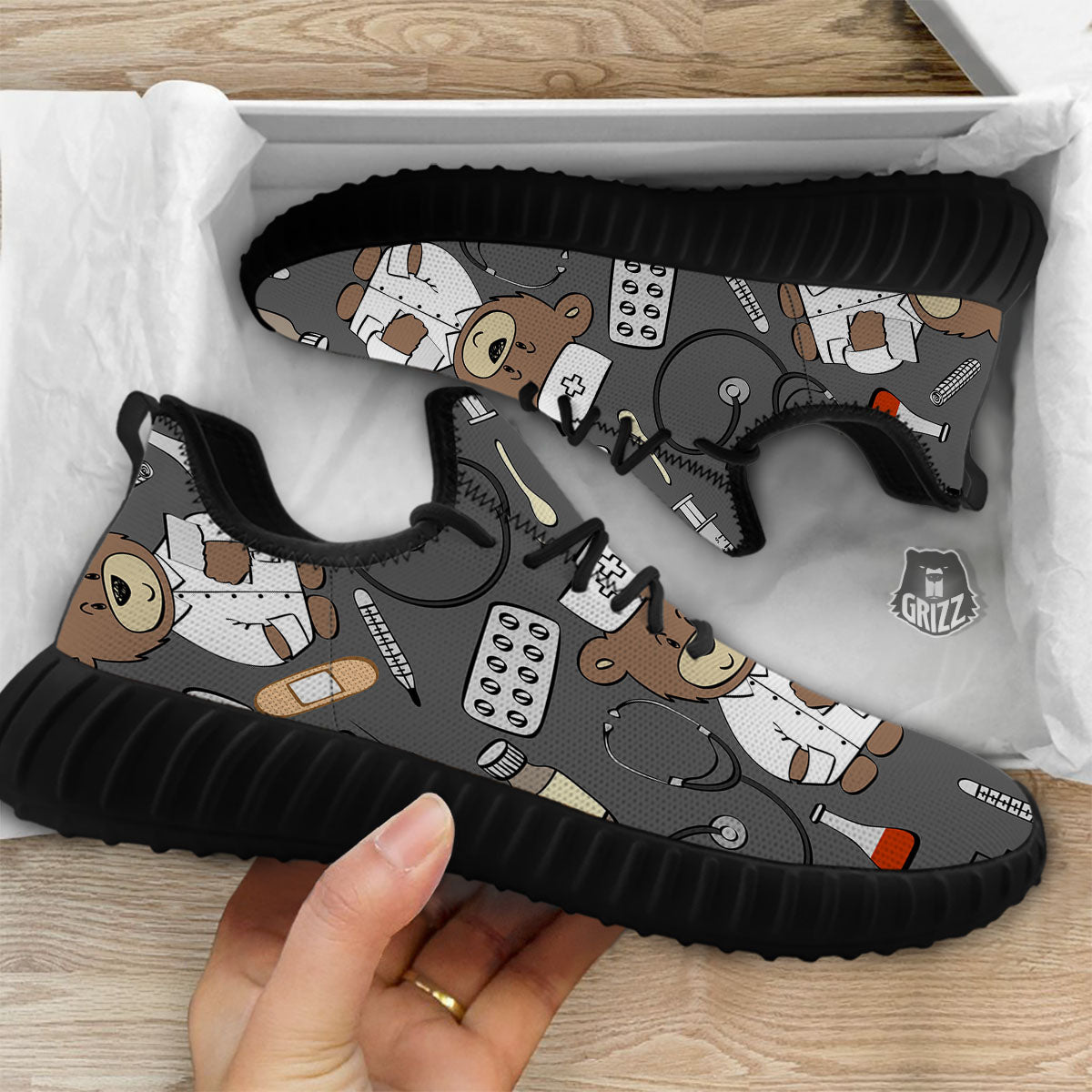 Grey Teddy Bear Nurse Black Walking Shoes-grizzshop