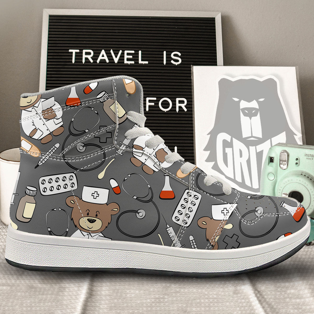 Grey Teddy Bear Nurse High Top Sneakers-grizzshop