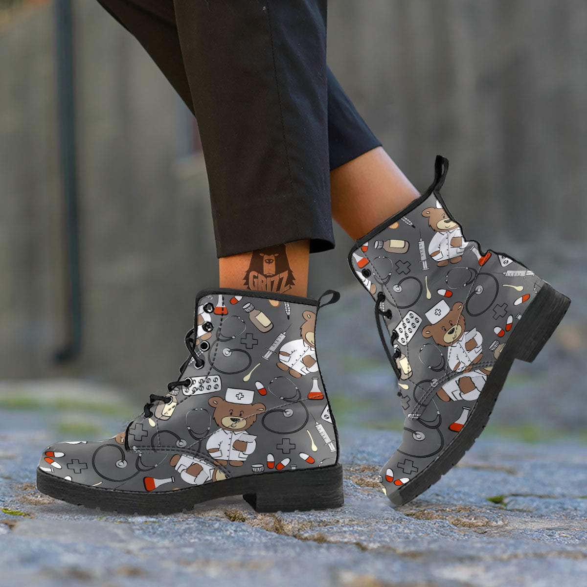 Grey Teddy Bear Nurse Leather Boots-grizzshop