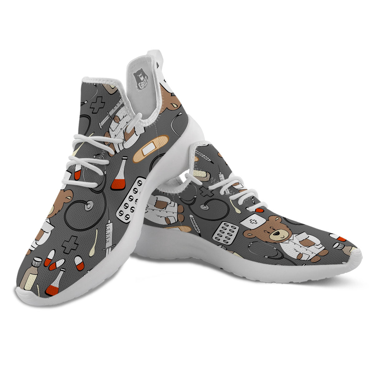 Grey Teddy Bear Nurse White Athletic Shoes-grizzshop