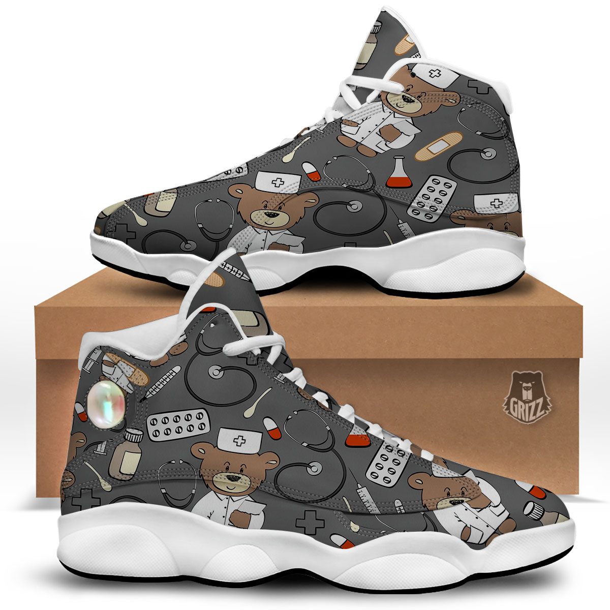 Grey Teddy Bear Nurse White Basketball Shoes-grizzshop