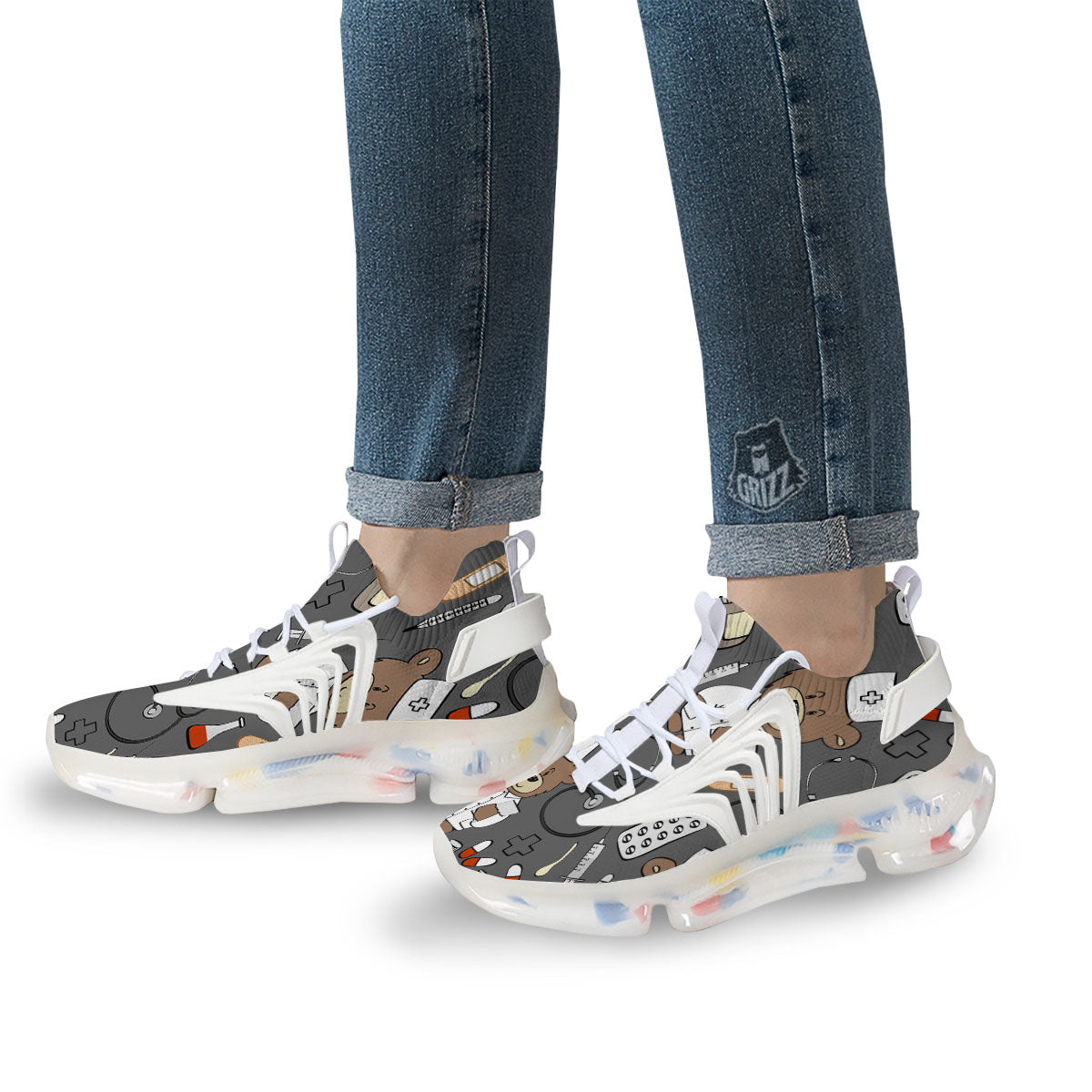 Grey Teddy Bear Nurse White Gym Shoes-grizzshop