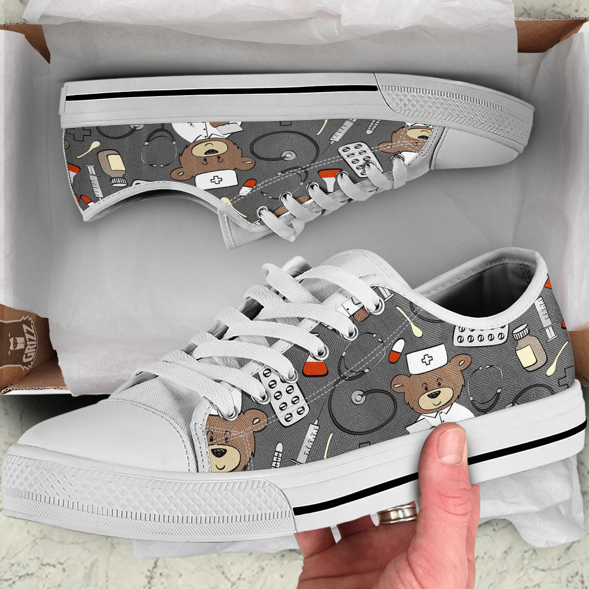 Grey Teddy Bear Nurse White Low Top Shoes-grizzshop