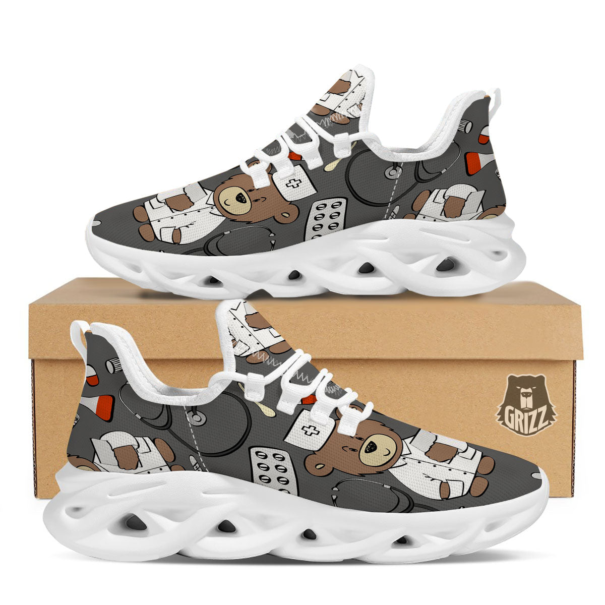 Grey Teddy Bear Nurse White Running Shoes-grizzshop