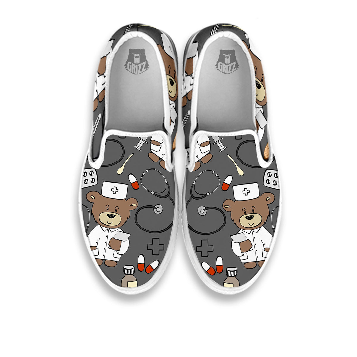 Grey Teddy Bear Nurse White Slip On Shoes-grizzshop