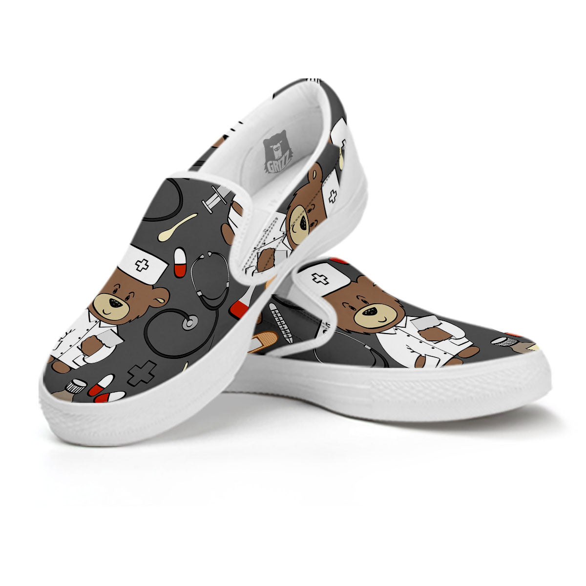 Grey Teddy Bear Nurse White Slip On Shoes-grizzshop