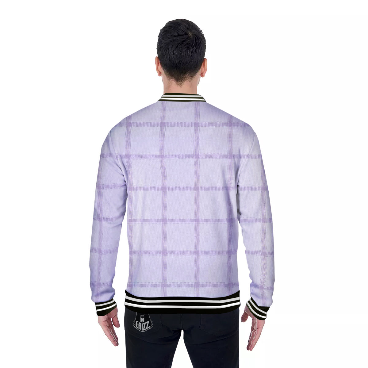 Grey White And Purple Tattersall Print Pattern Baseball Jacket-grizzshop