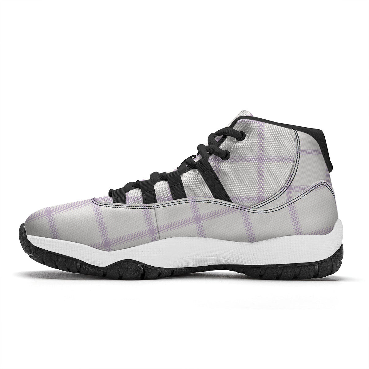 Grey White And Purple Tattersall Print Pattern Black Bball Shoes-grizzshop