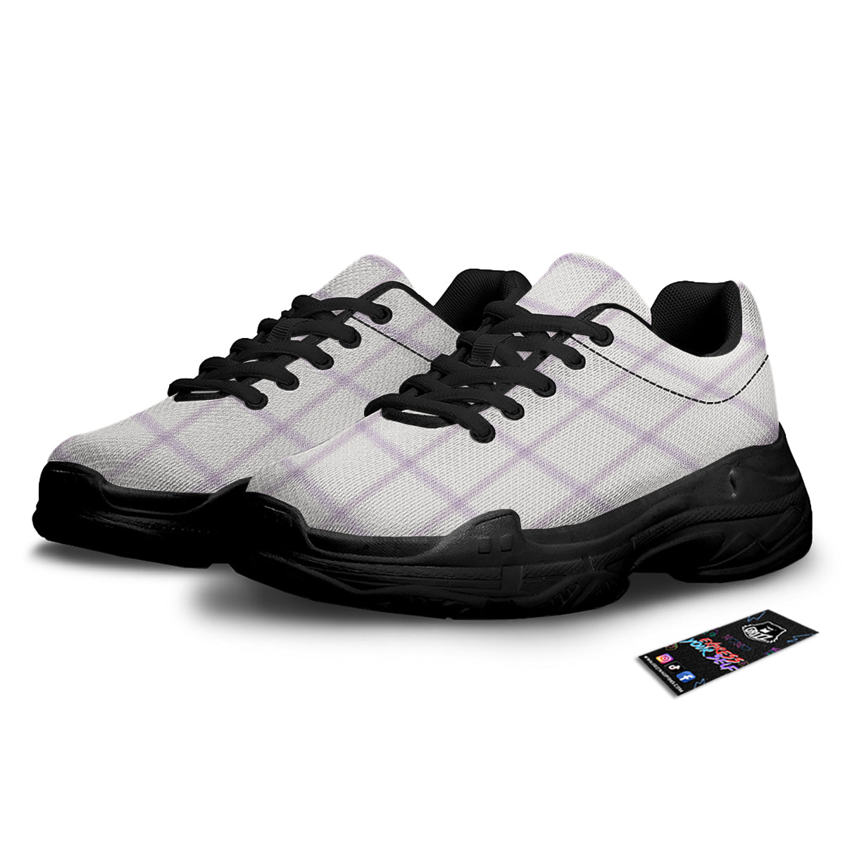 Grey White And Purple Tattersall Print Pattern Black Chunky Shoes-grizzshop