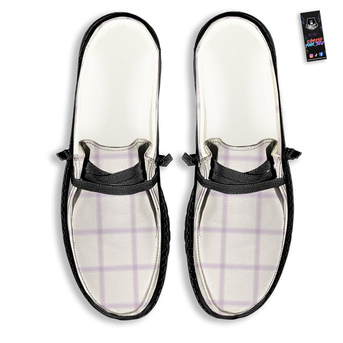 Grey White And Purple Tattersall Print Pattern Black Loafers-grizzshop