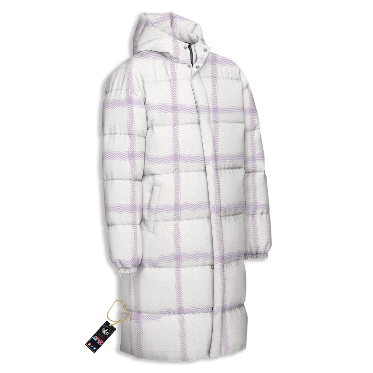 Grey White And Purple Tattersall Print Pattern Long Down Jacket-grizzshop