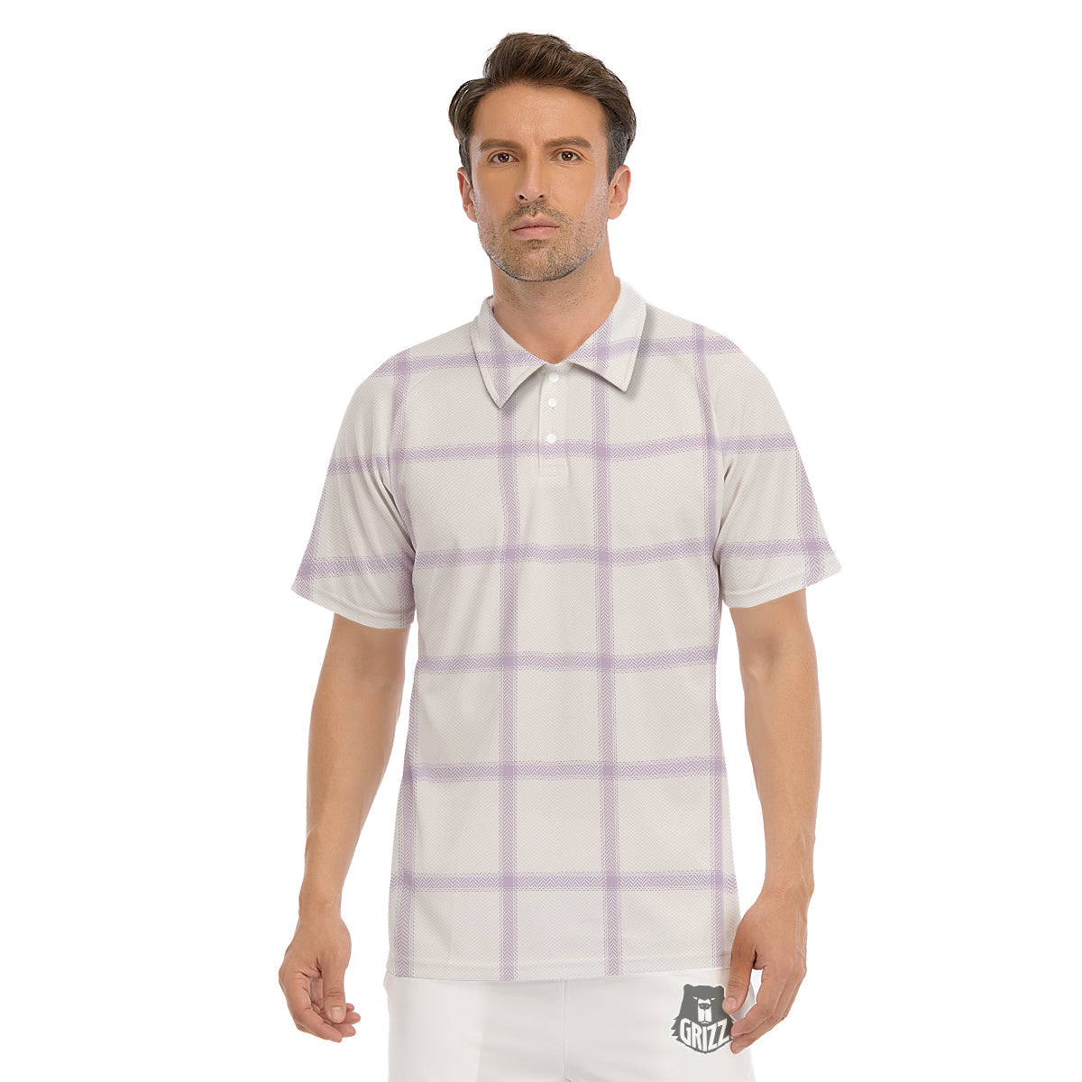 Grey White And Purple Tattersall Print Pattern Men's Golf Shirts-grizzshop