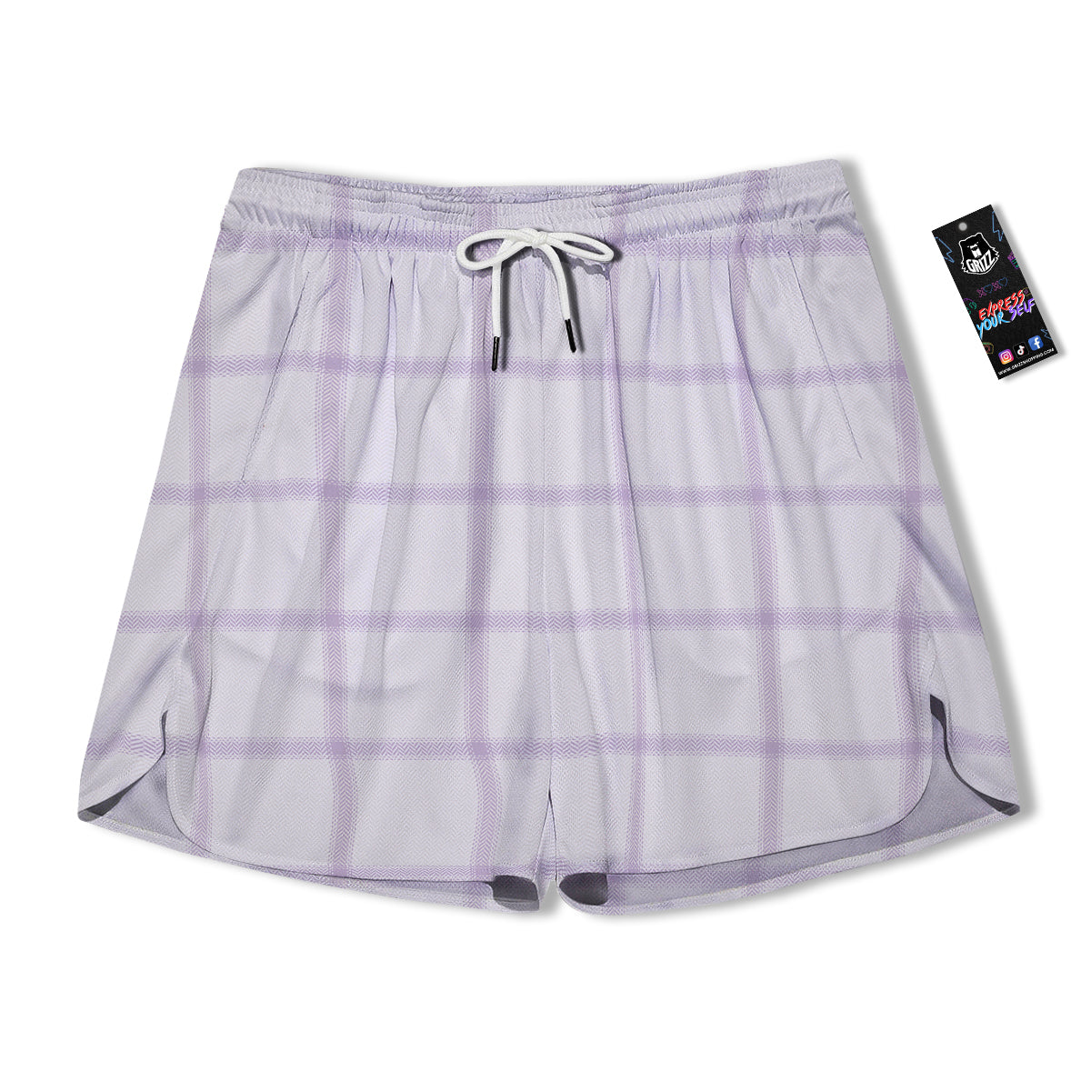 Grey White And Purple Tattersall Print Pattern Men's Running Shorts-grizzshop