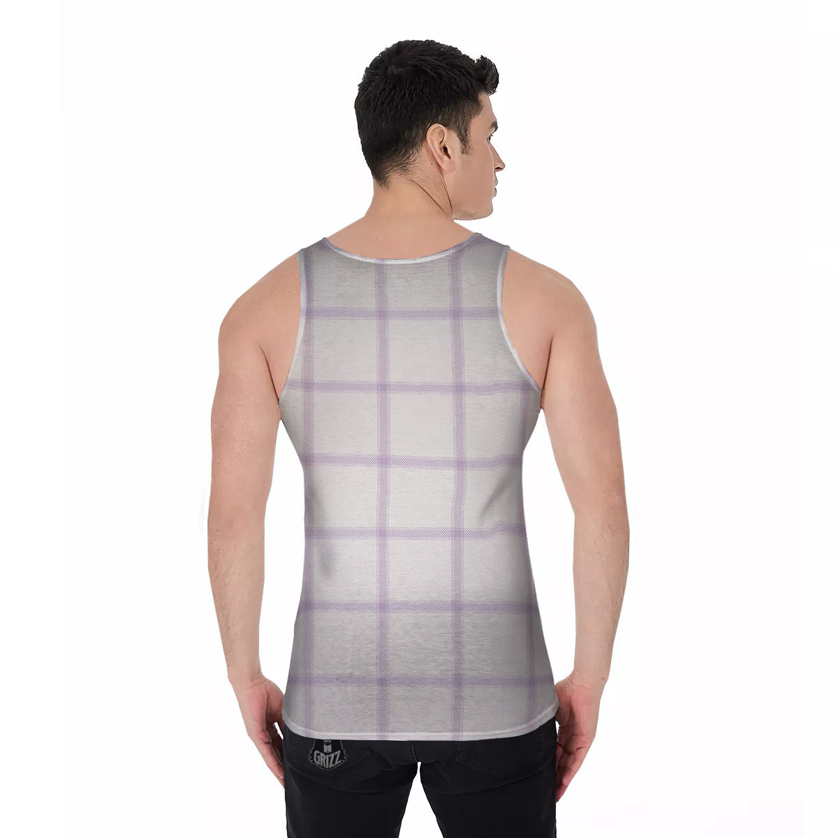 Grey White And Purple Tattersall Print Pattern Men's Tank Top-grizzshop