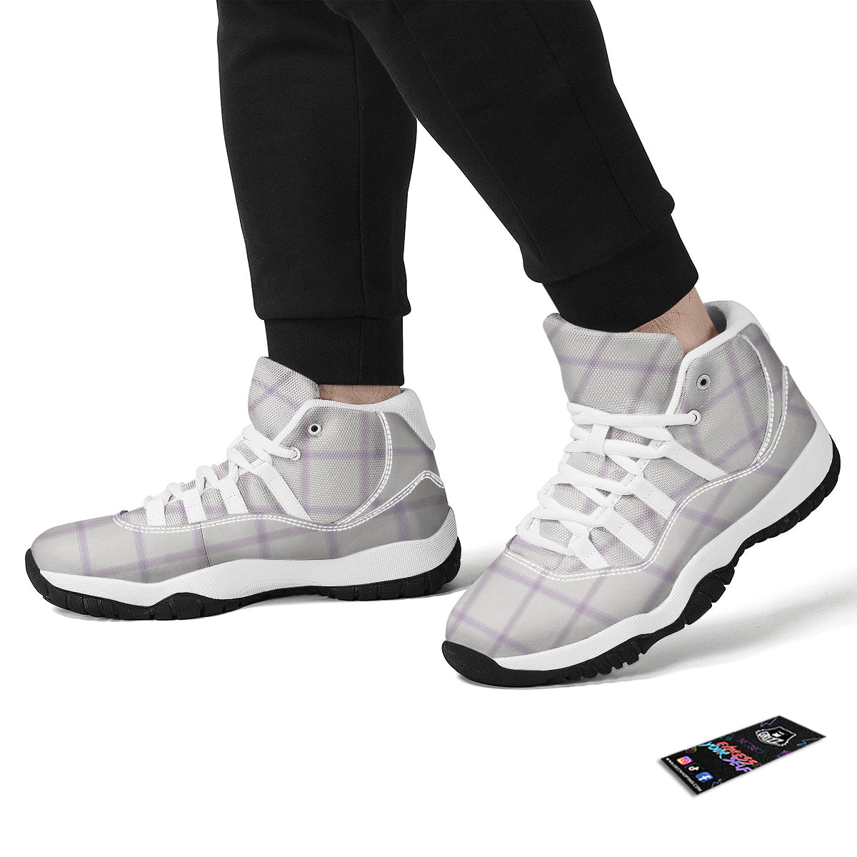 Grey White And Purple Tattersall Print Pattern White Bball Shoes-grizzshop