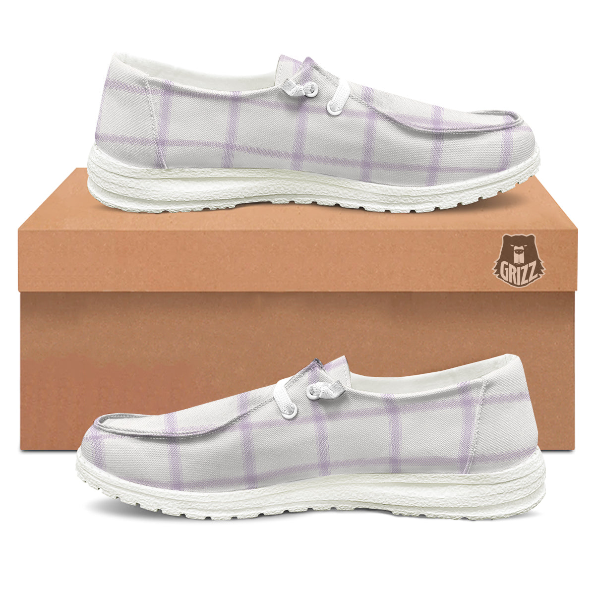 Grey White And Purple Tattersall Print Pattern White Loafers-grizzshop