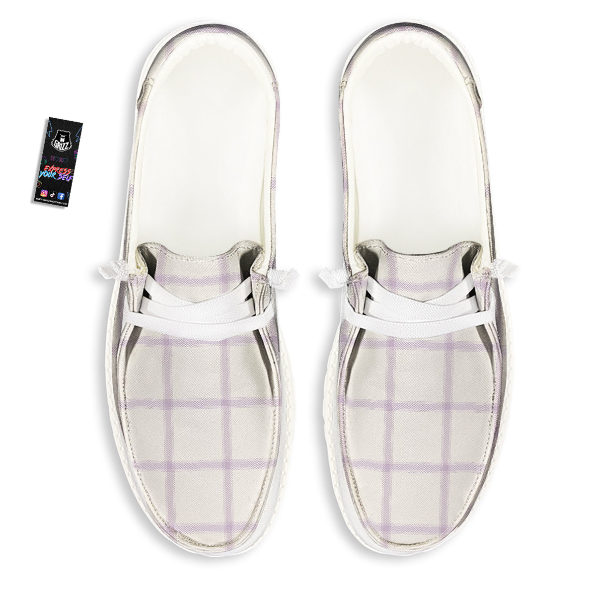 Grey White And Purple Tattersall Print Pattern White Loafers-grizzshop