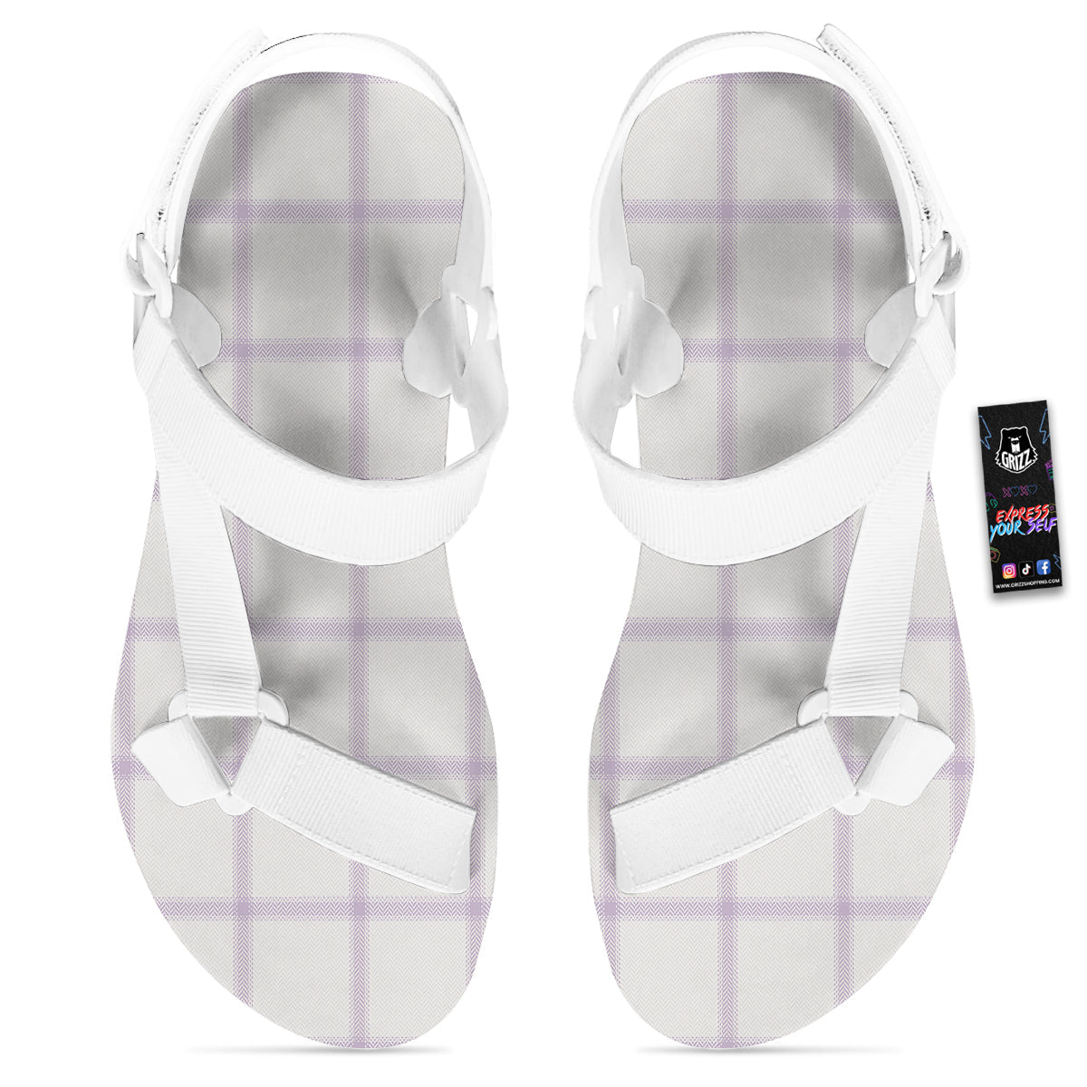 Grey White And Purple Tattersall Print Pattern White Open Toe Sandals-grizzshop