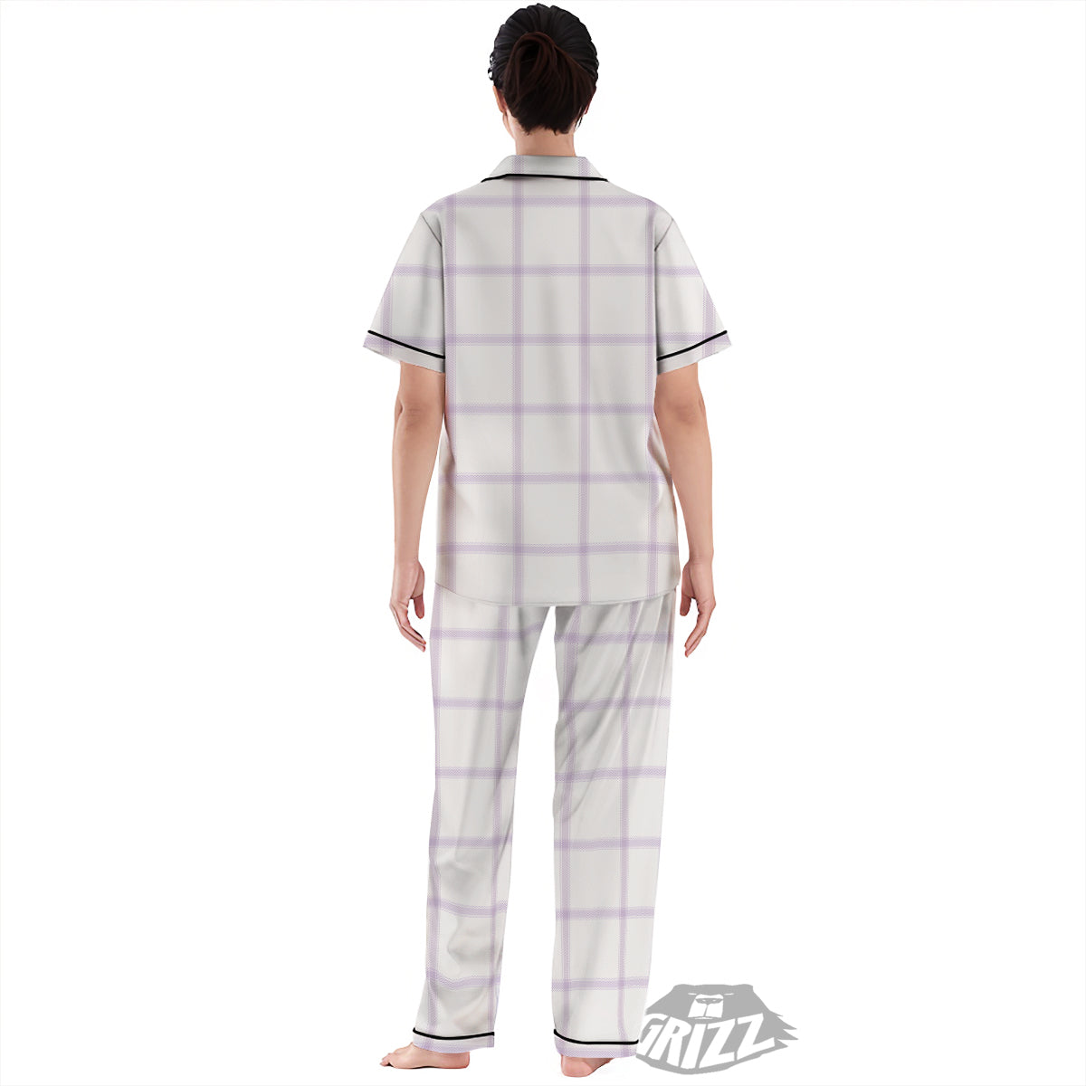 Grey White And Purple Tattersall Print Pattern Women's Pajamas Set-grizzshop