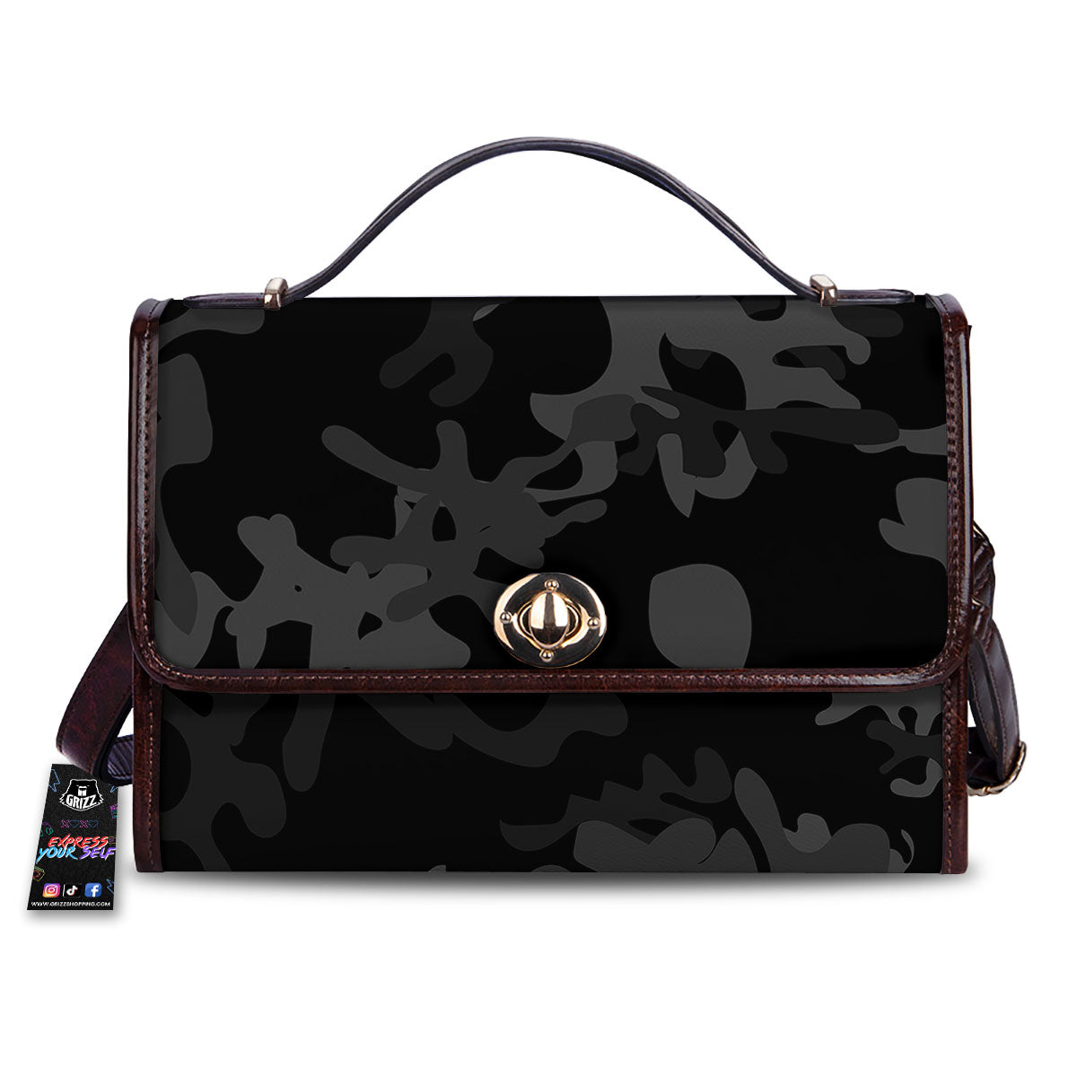Grey Digital Camo Black Print Pattern Women's Satchel Bag