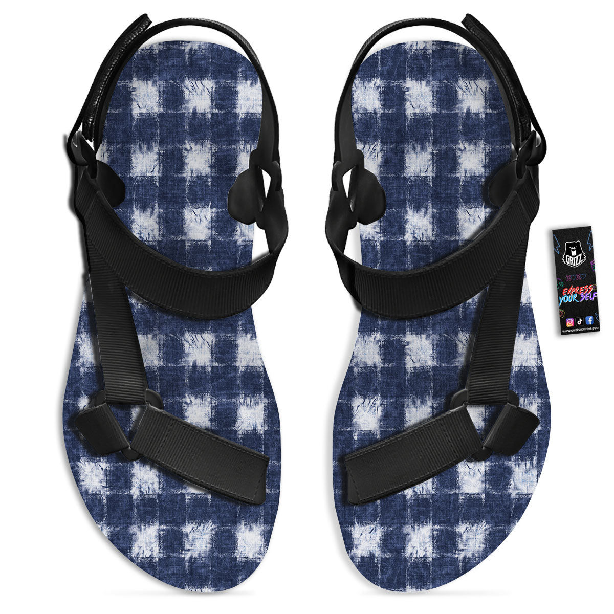 Grid Shibori Print Pattern Black Open Toe Sandals-grizzshop