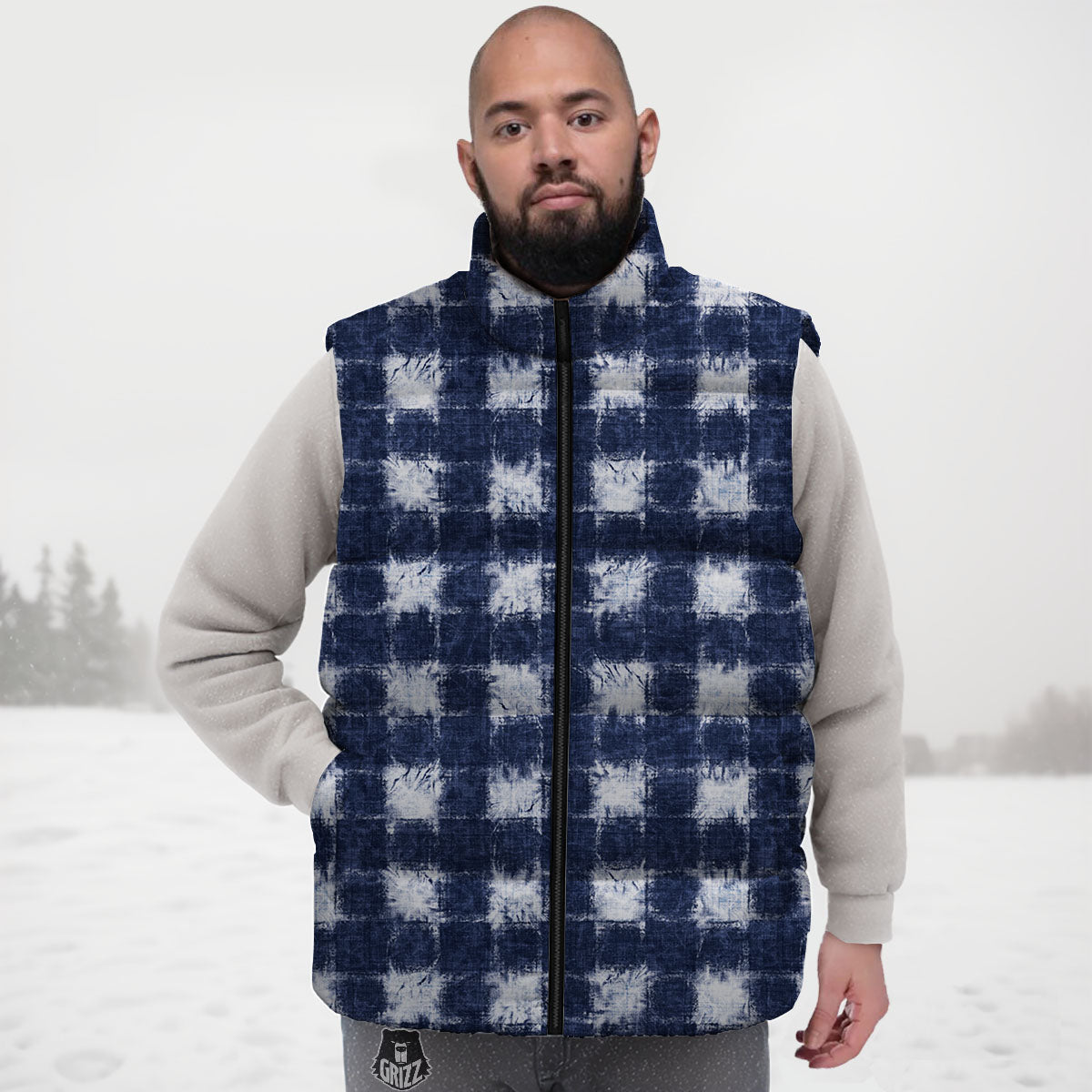 Grid Shibori Print Pattern Down Vest