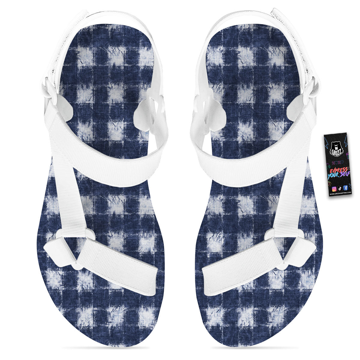 Grid Shibori Print Pattern White Open Toe Sandals-grizzshop