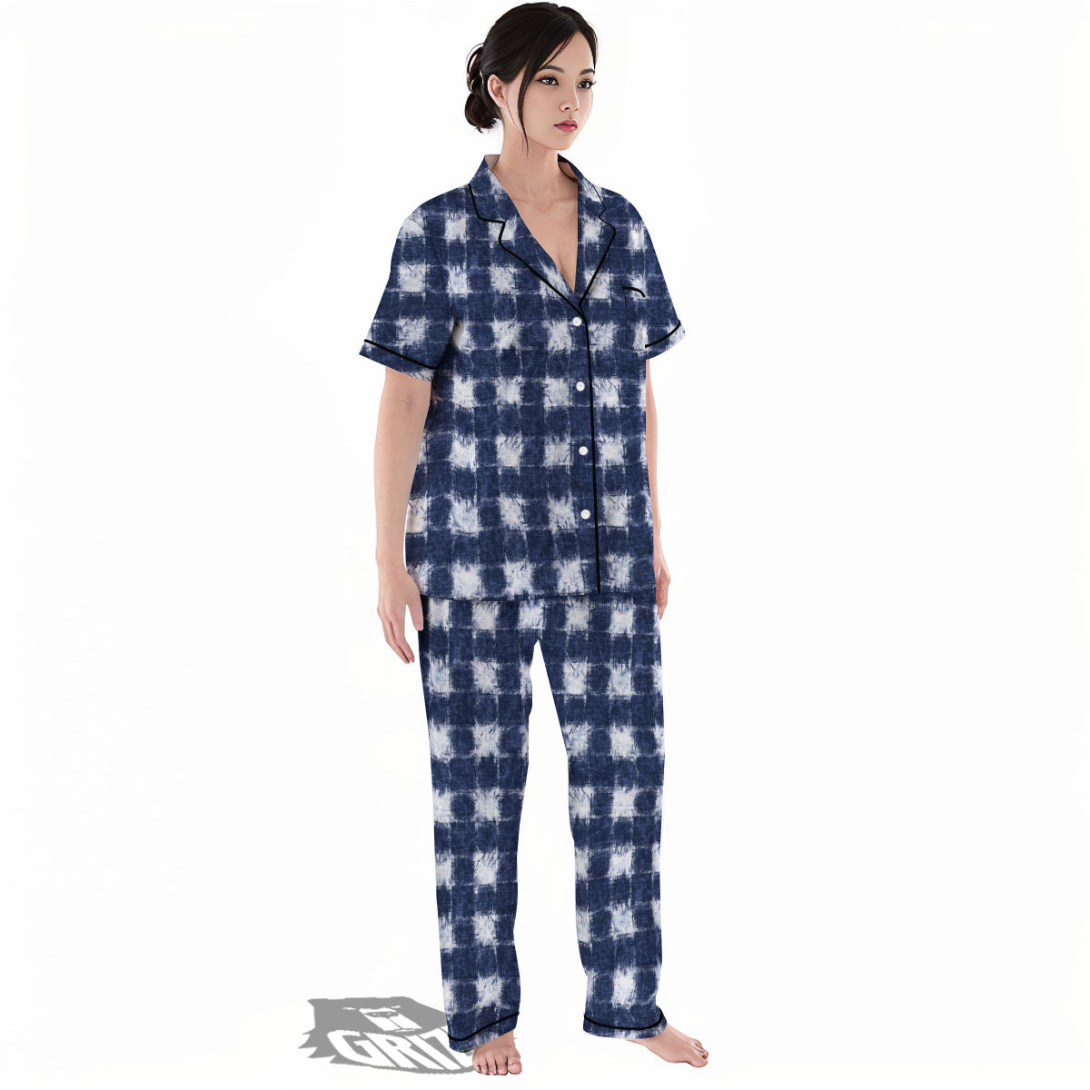 Grid Shibori Print Pattern Women's Pajamas Set-grizzshop