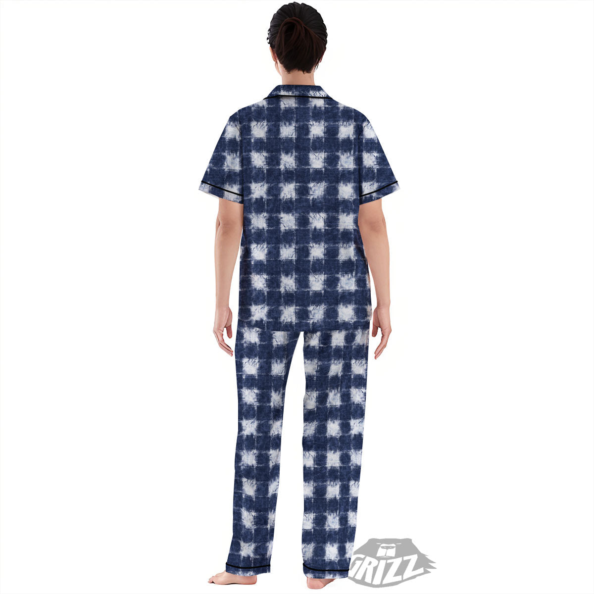 Grid Shibori Print Pattern Women's Pajamas Set-grizzshop