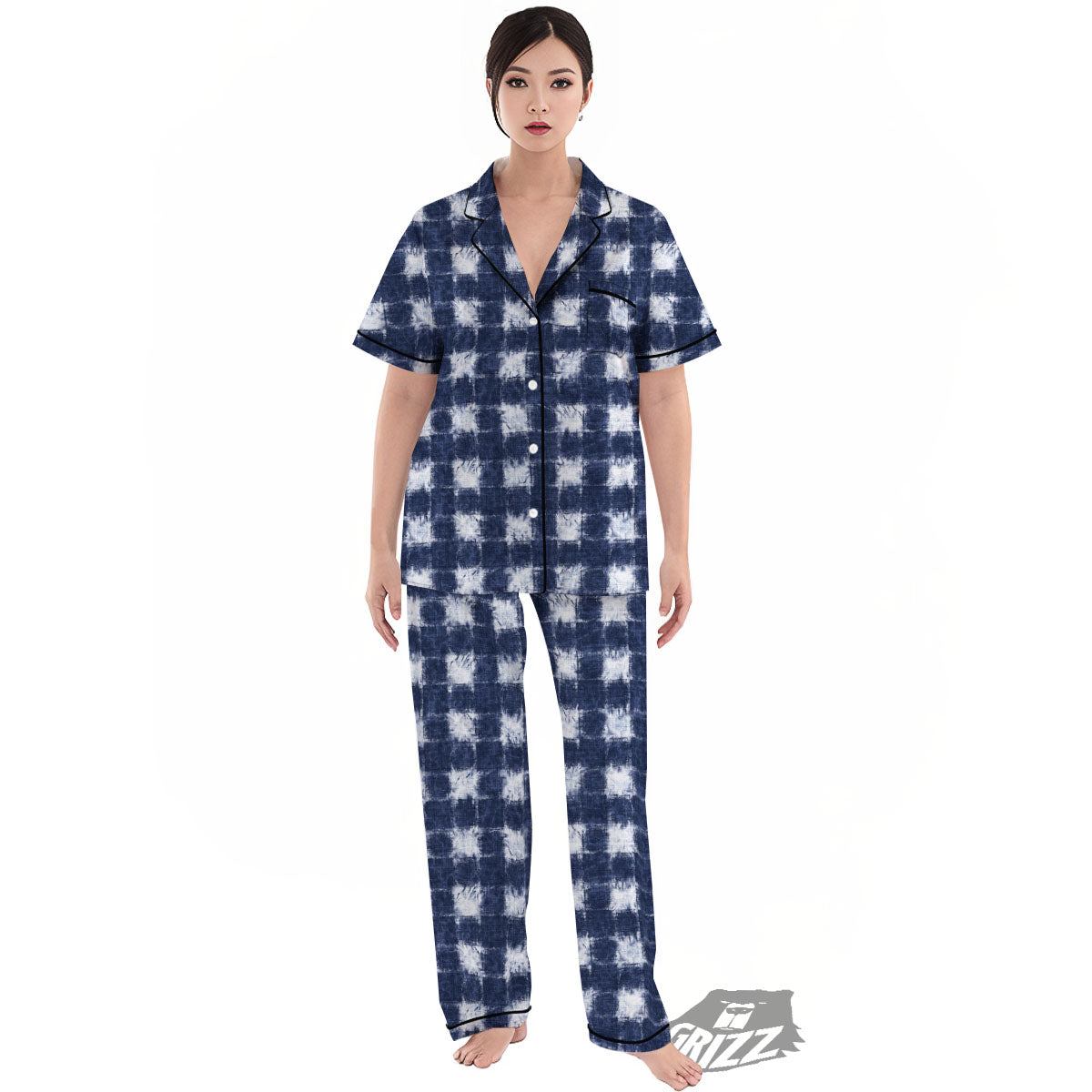 Grid Shibori Print Pattern Women's Pajamas Set-grizzshop