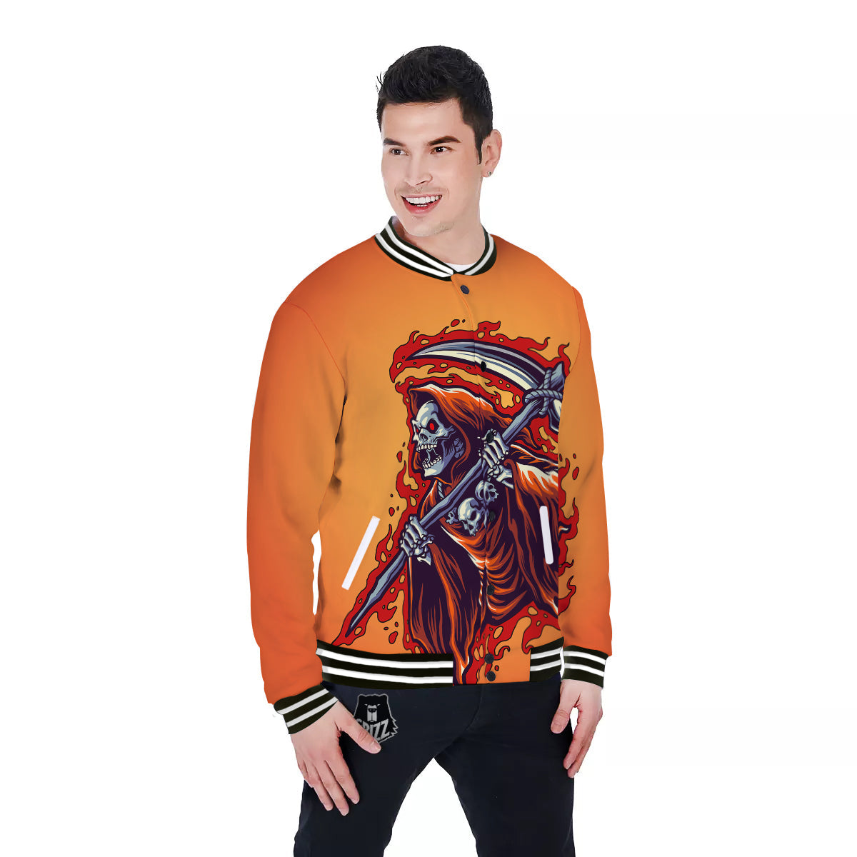 Grim Reaper And Fire Print Baseball Jacket-grizzshop