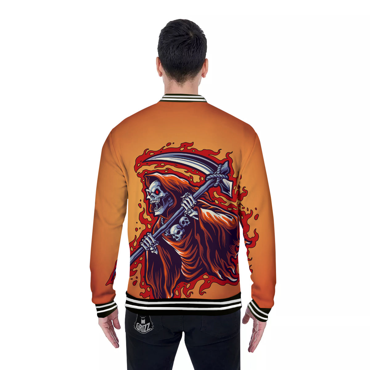 Grim Reaper And Fire Print Baseball Jacket-grizzshop