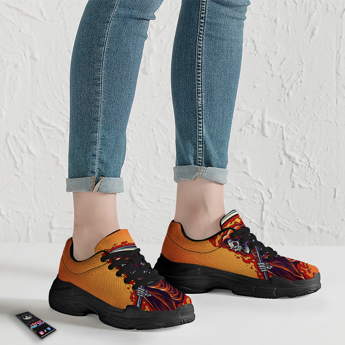 Grim Reaper And Fire Print Black Chunky Shoes-grizzshop