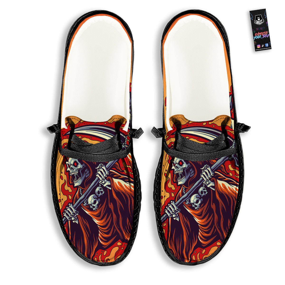 Grim Reaper And Fire Print Black Loafers-grizzshop