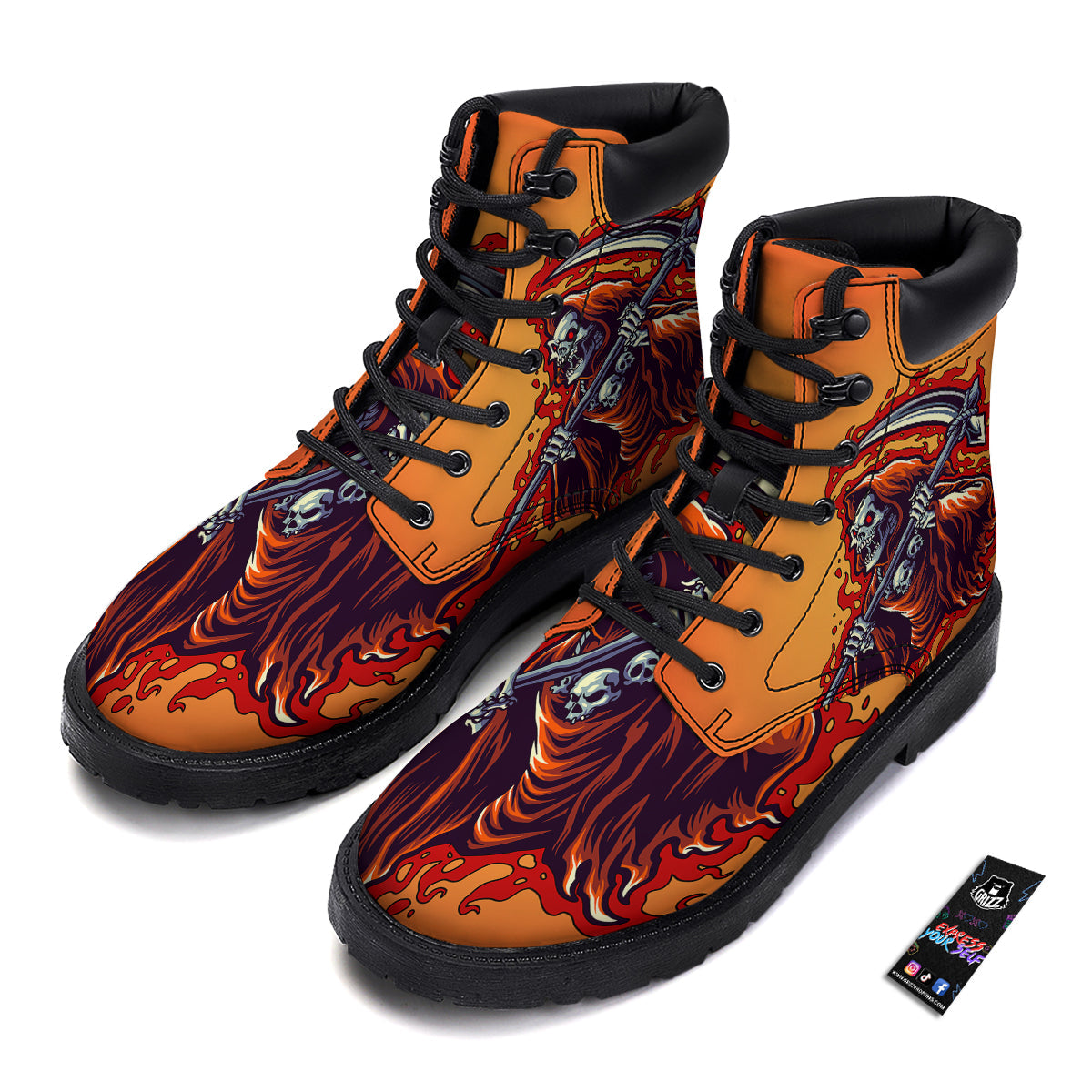 Grim Reaper And Fire Print Boots-grizzshop