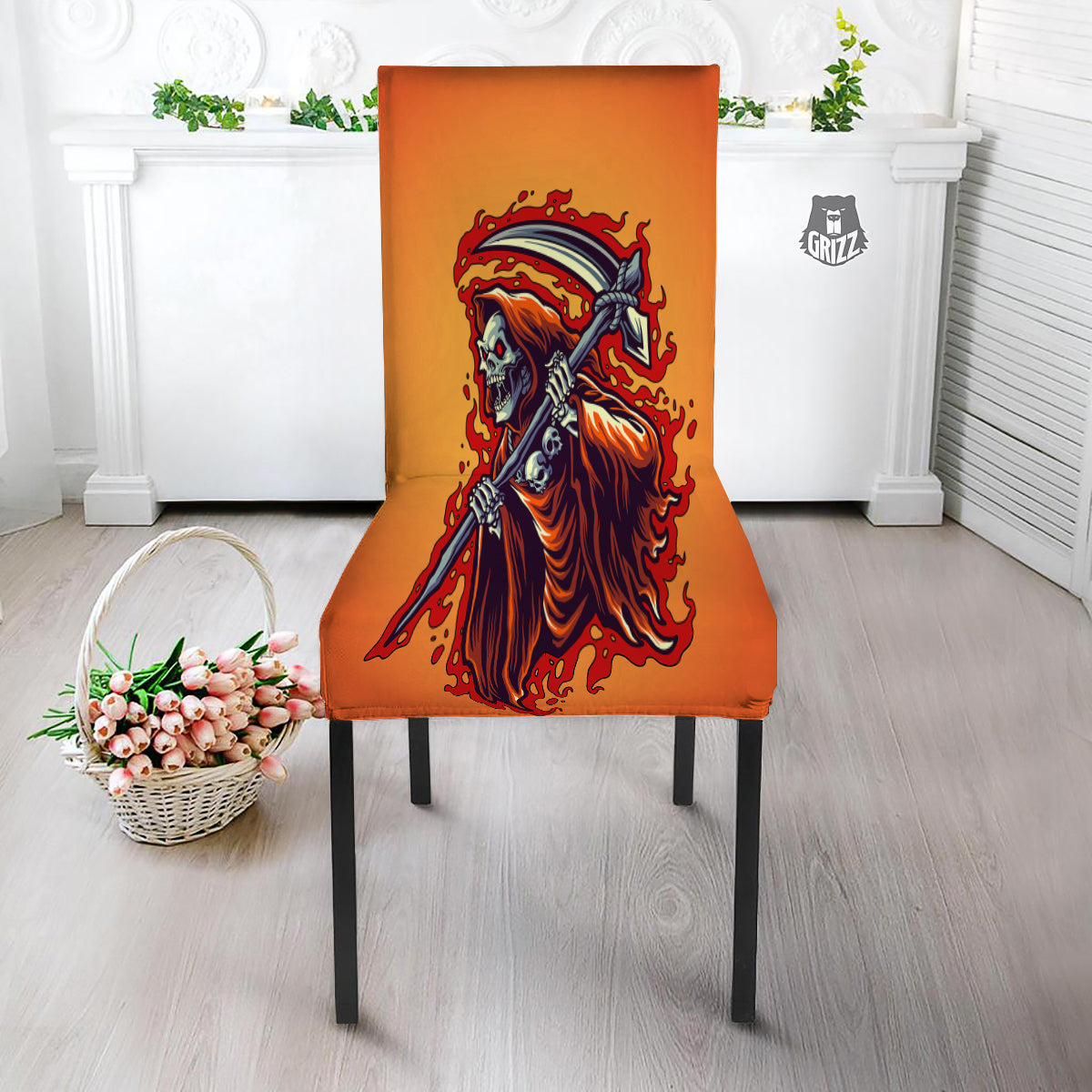 Grim Reaper And Fire Print Dining Chair Slipcover-grizzshop