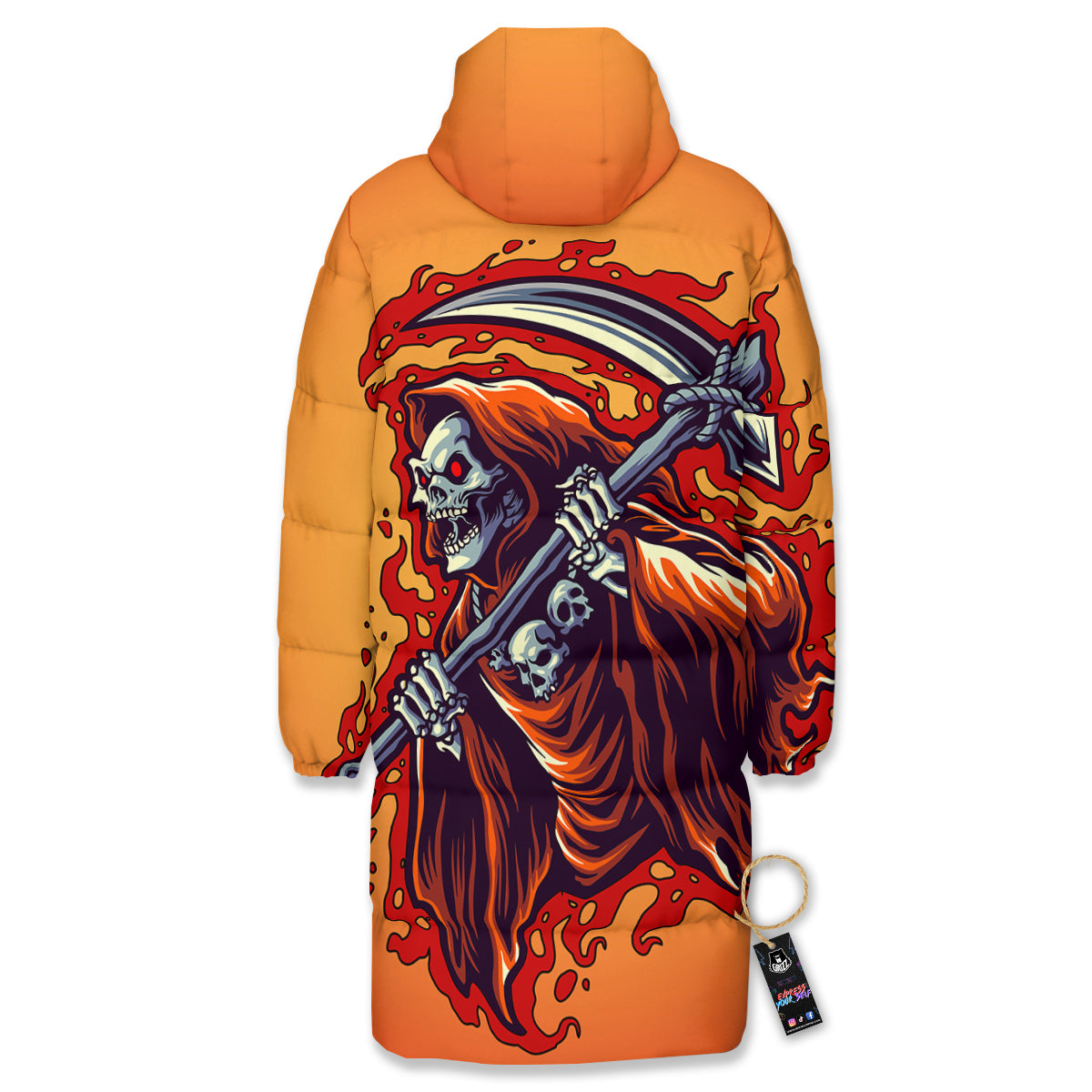 Grim Reaper And Fire Print Long Down Jacket-grizzshop