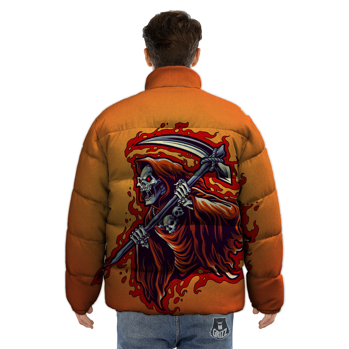 Grim Reaper And Fire Print Puffer Jacket-grizzshop