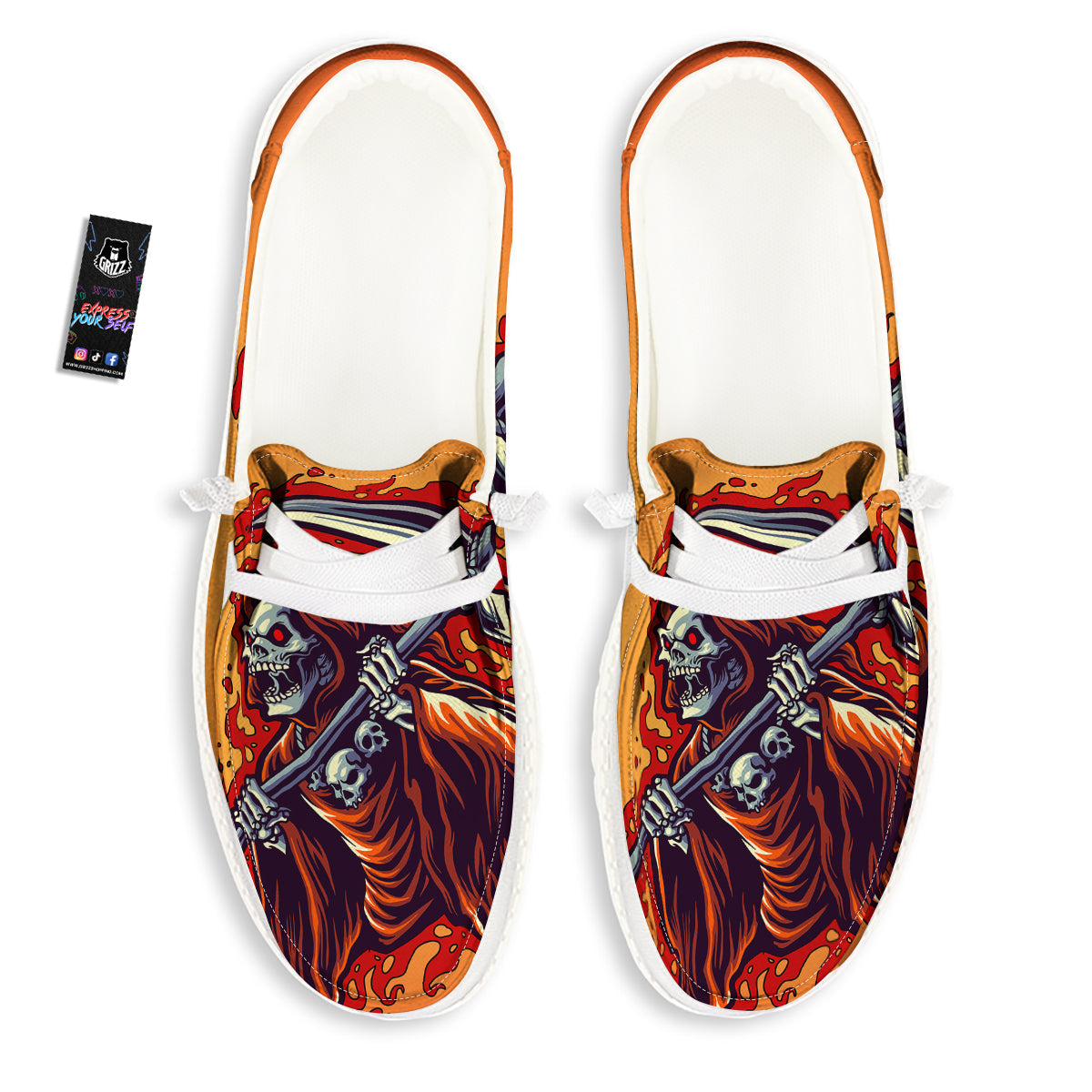 Grim Reaper And Fire Print White Loafers-grizzshop