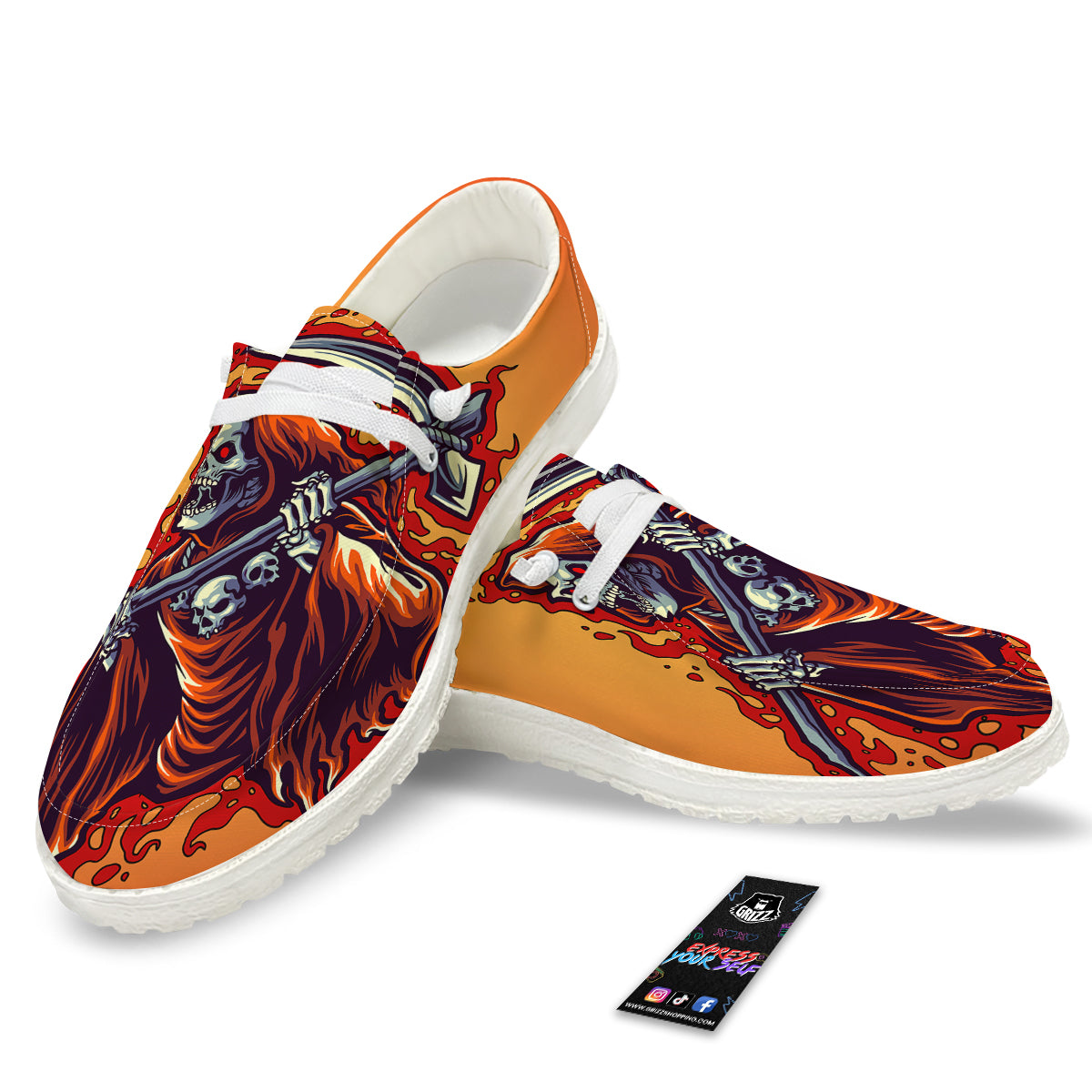 Grim Reaper And Fire Print White Loafers-grizzshop