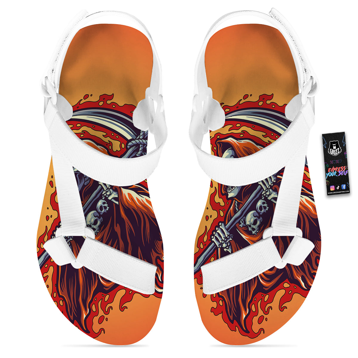 Grim Reaper And Fire Print White Open Toe Sandals-grizzshop
