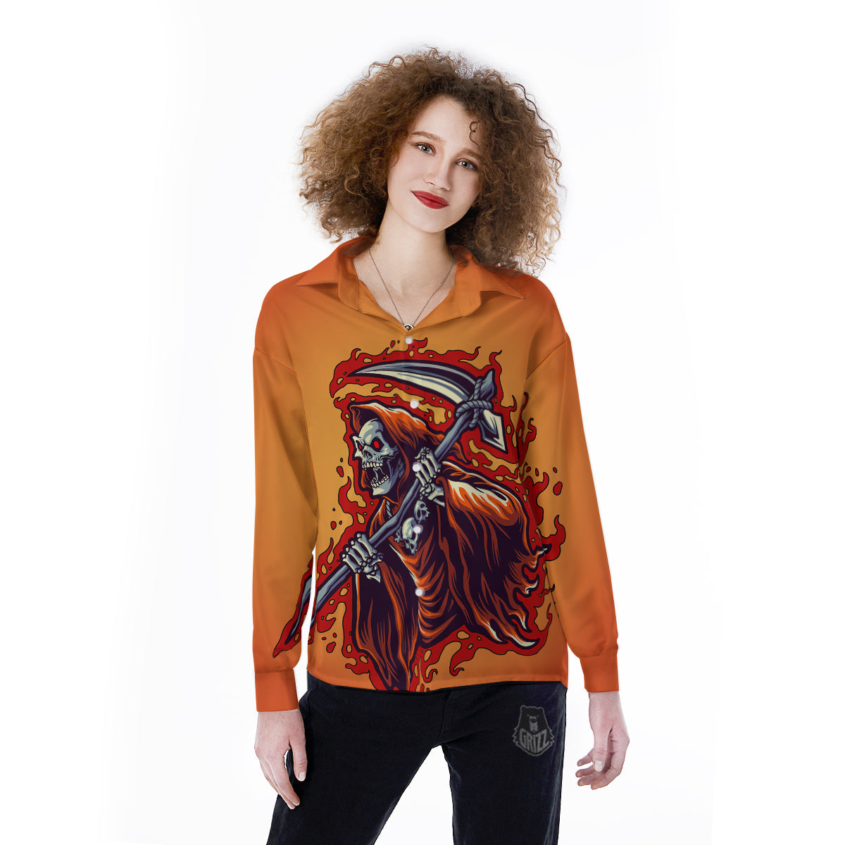Grim Reaper And Fire Print Women's Long Sleeve Shirts-grizzshop