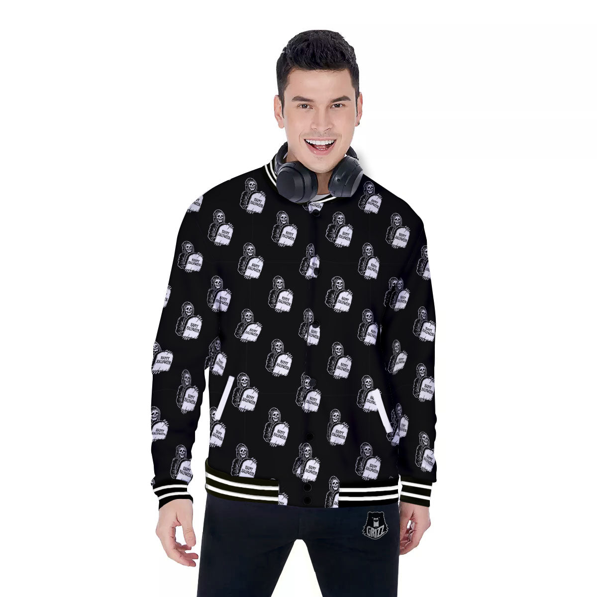 Grim Reaper Halloween Print Pattern Baseball Jacket-grizzshop