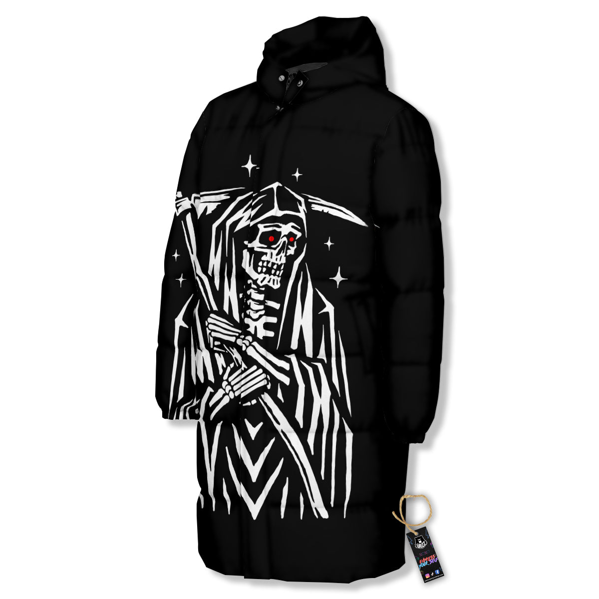 Grim Reaper Sad Print Long Down Jacket-grizzshop