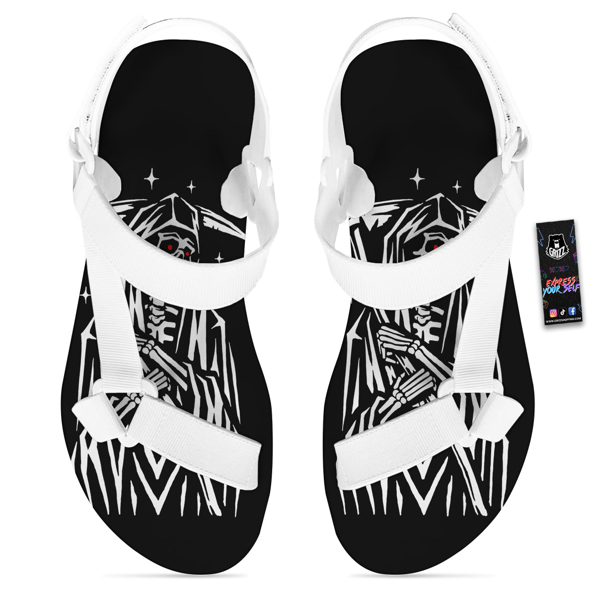 Grim Reaper Sad Print White Open Toe Sandals-grizzshop