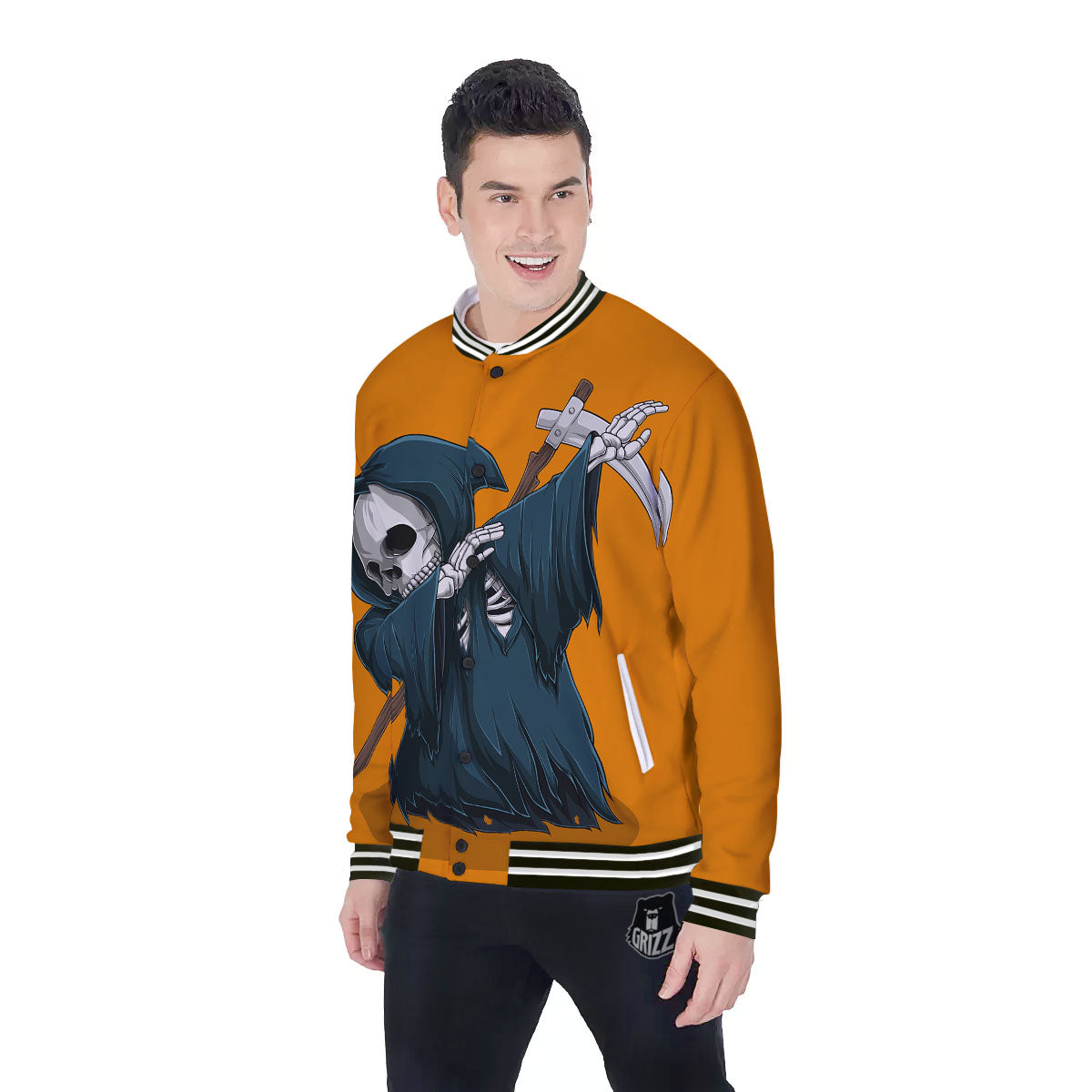 Grim Reaper Skeleton Dap Print Baseball Jacket-grizzshop