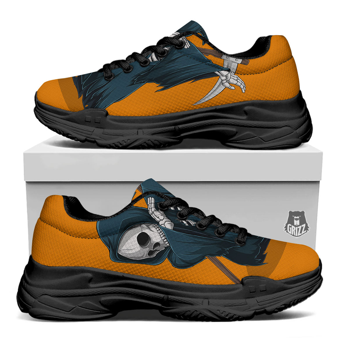 Grim Reaper Skeleton Dap Print Black Chunky Shoes-grizzshop